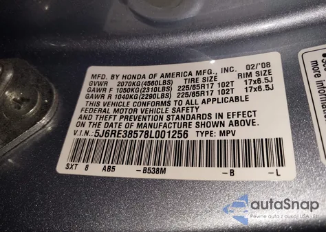 2008 Honda Cr-V Ex из США, поврежденный, VIN 5J6RE38578L001256